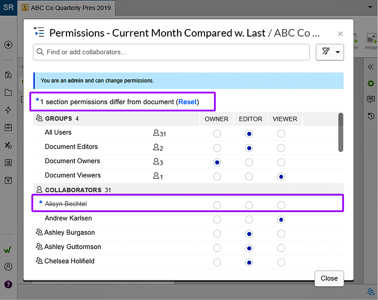 permissions indicators in Workiva
