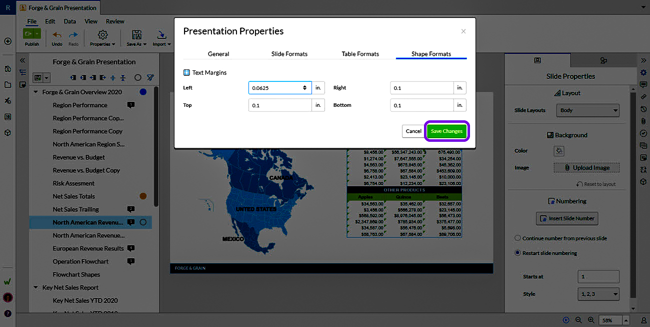 presentation properties dialog box