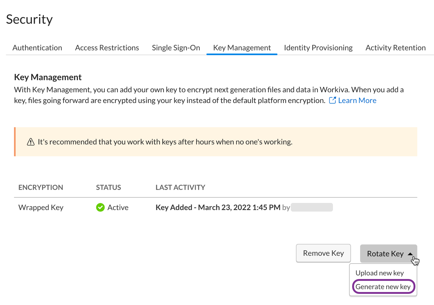 Click Rotate Key and select Generate new key from the drop-down