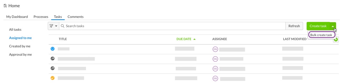 The dropdown arrow shows you the option to Bulk create task