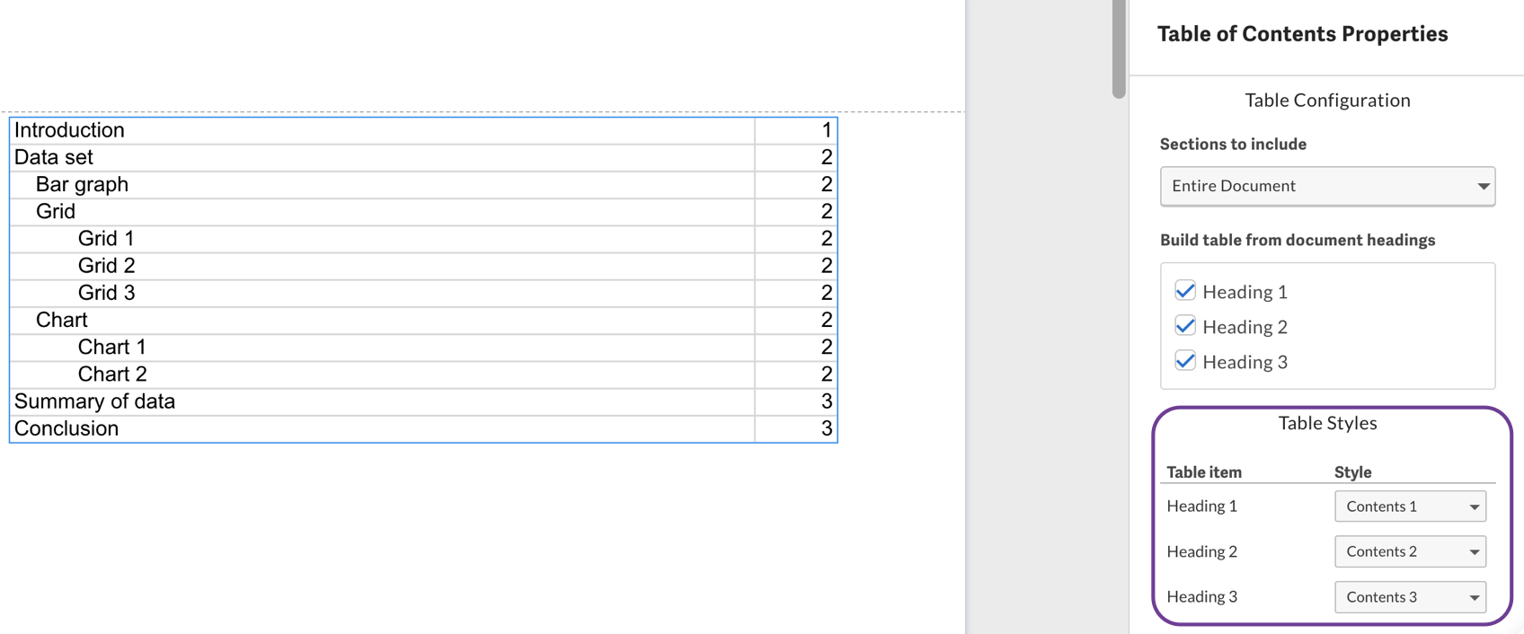 Default options of Contents 1, 2, 3
