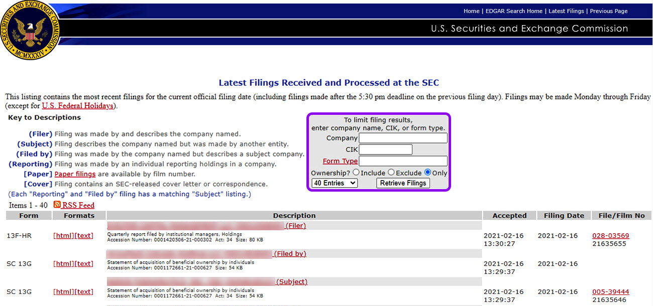 filter filings on the SEC website