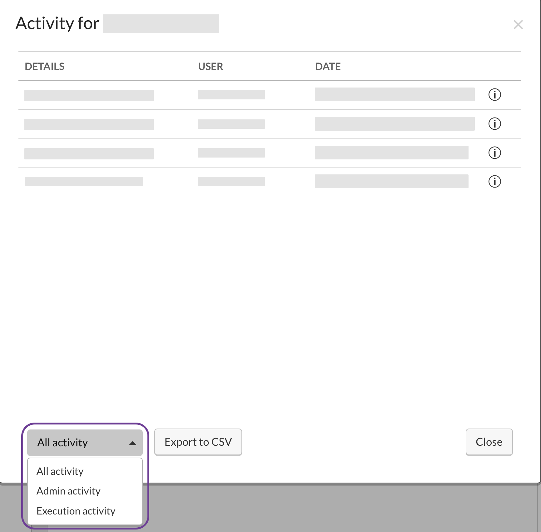 the drop-down shows the acitivity filters