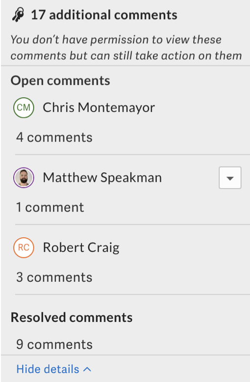 Owner view of comment card