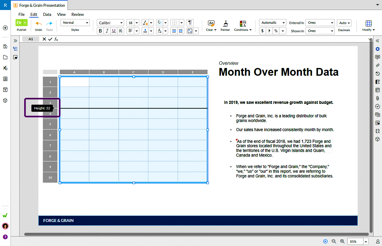 resize tables in Presentations