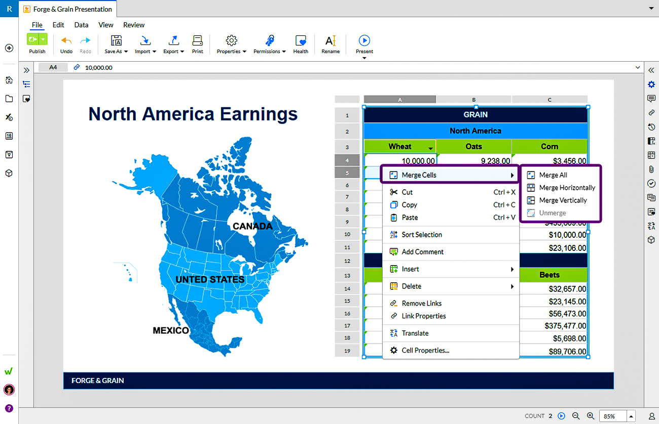 merge cells in Presentations tables