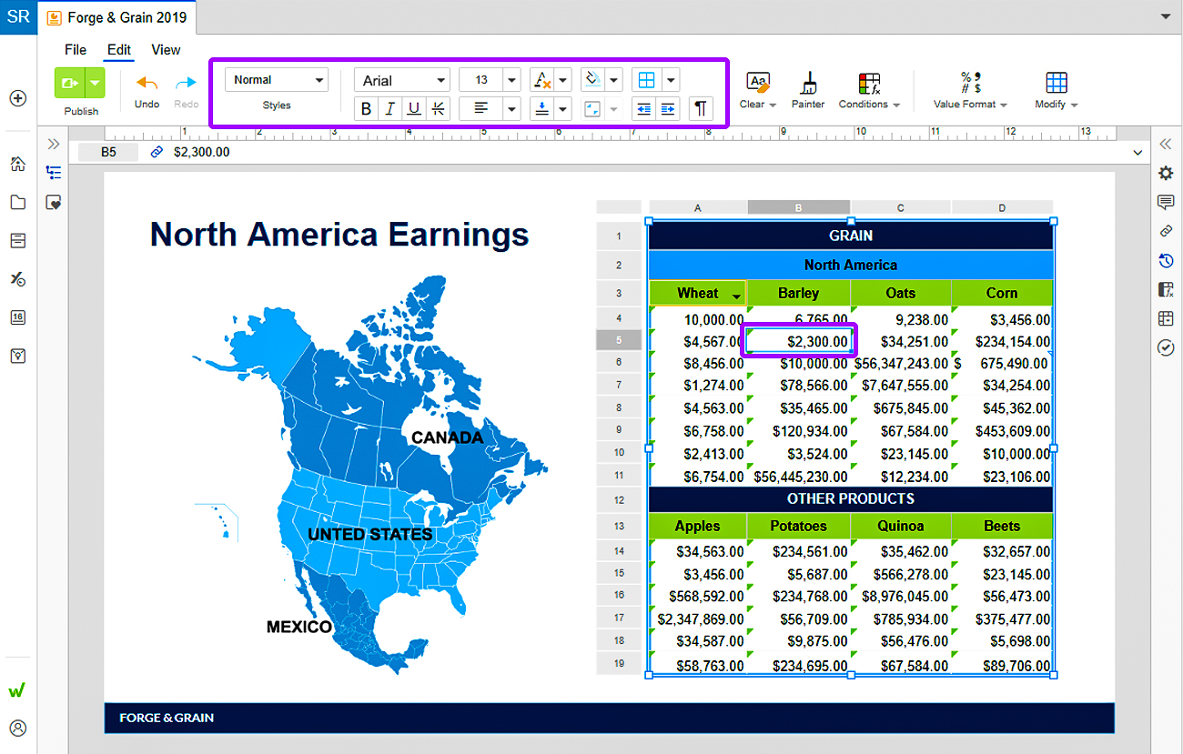 background colors and options in tables