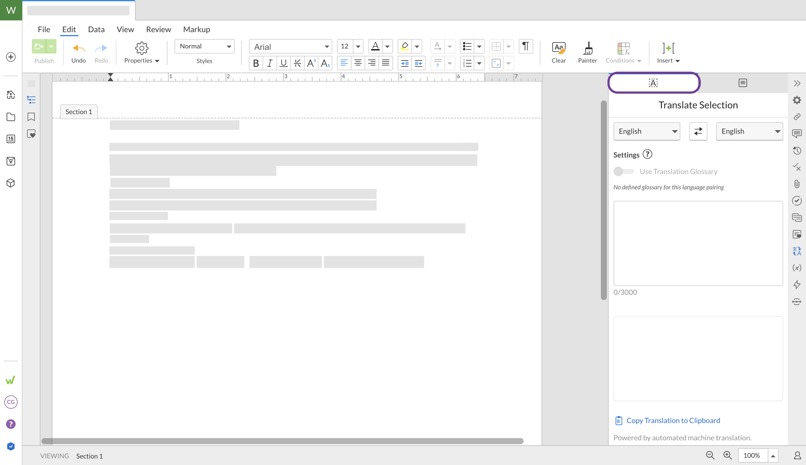 Open the Language translation panel in the right-hand side of the screen