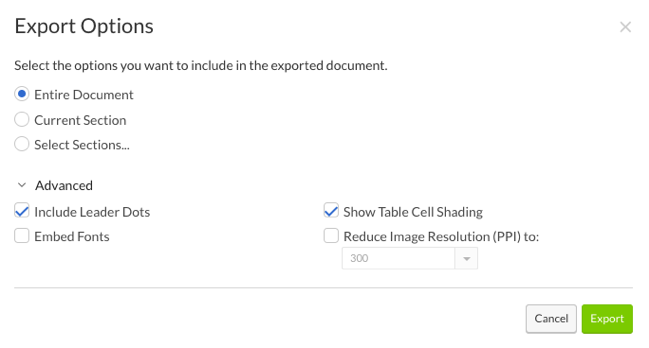 dChoose export options for the document