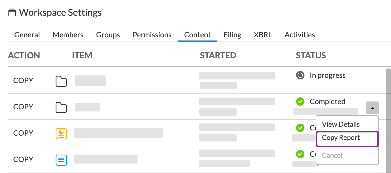 click the arrow and select open copy report