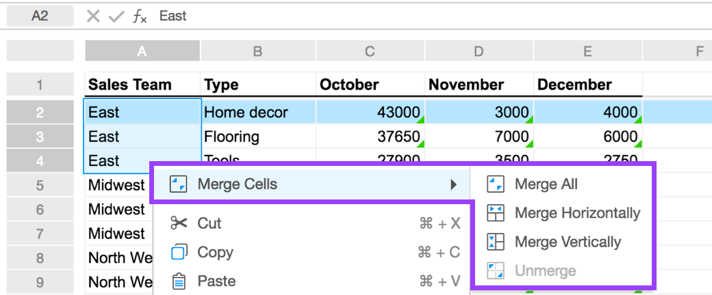 merging cells in spreadsheets