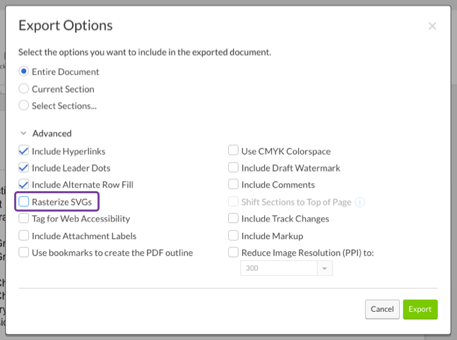 Uncheck Rasterize SVGs to keep vectors in export options