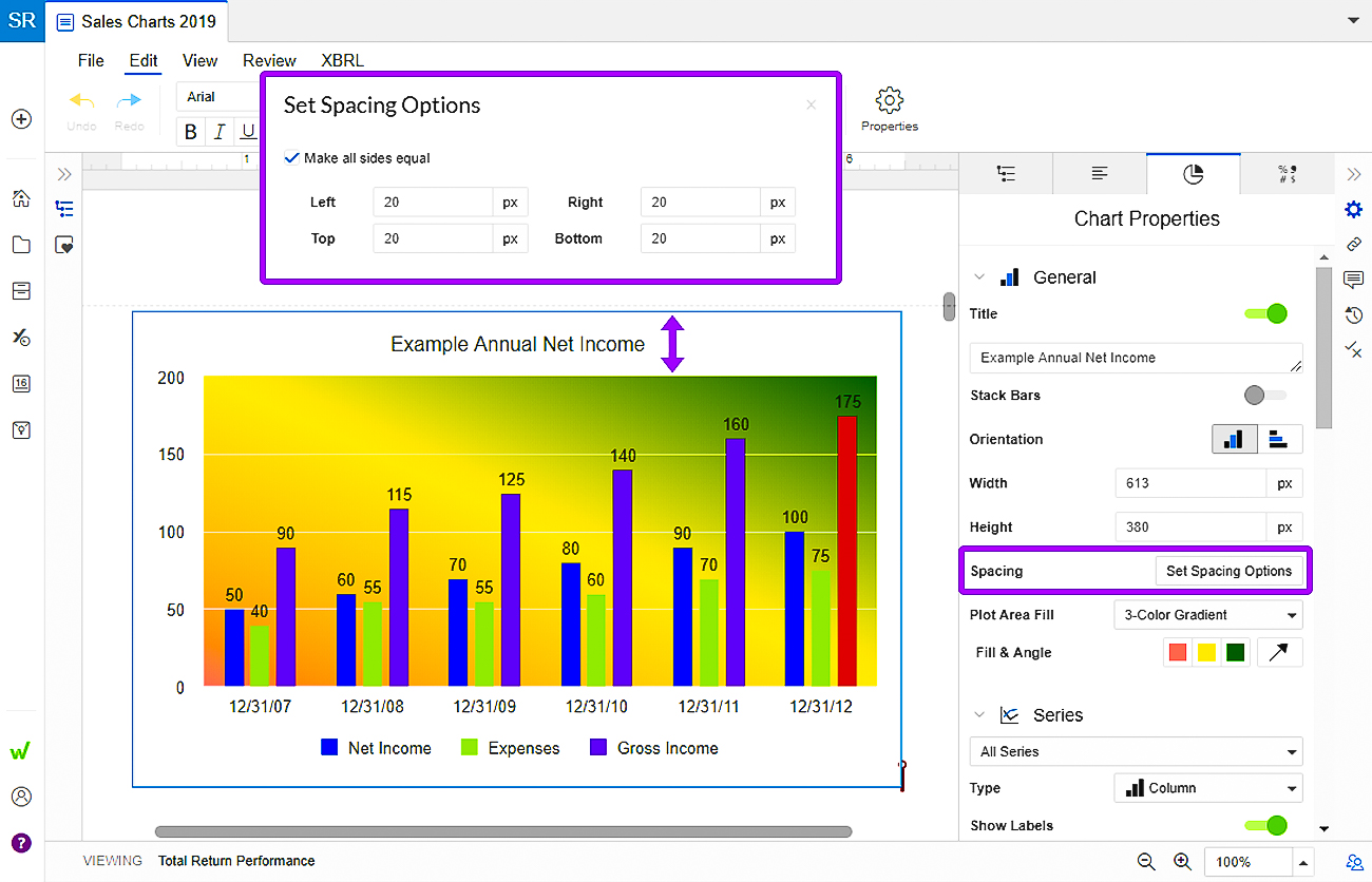 spacing options for charts