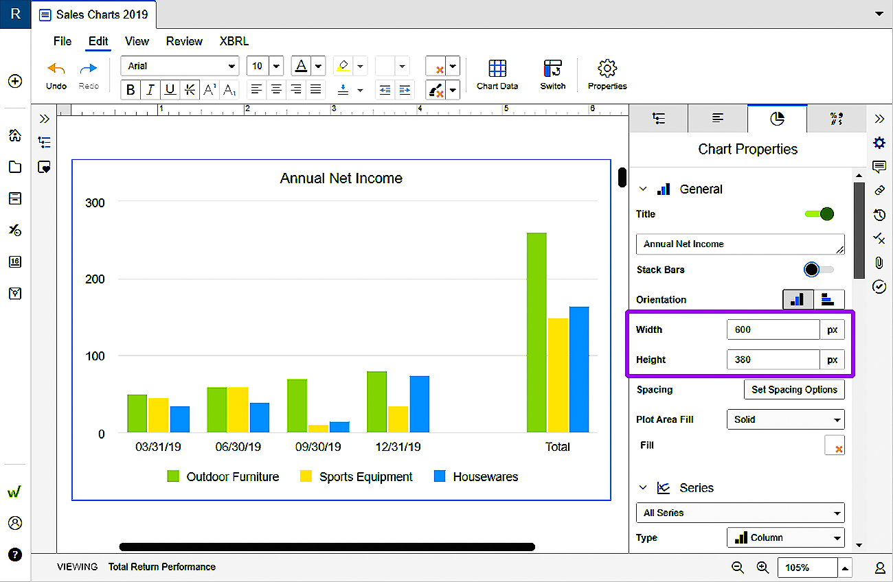width and height in chart properties