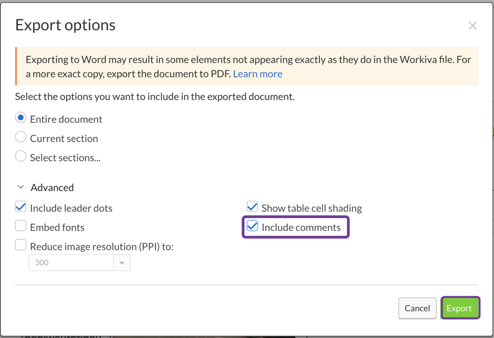 Export options to include comments