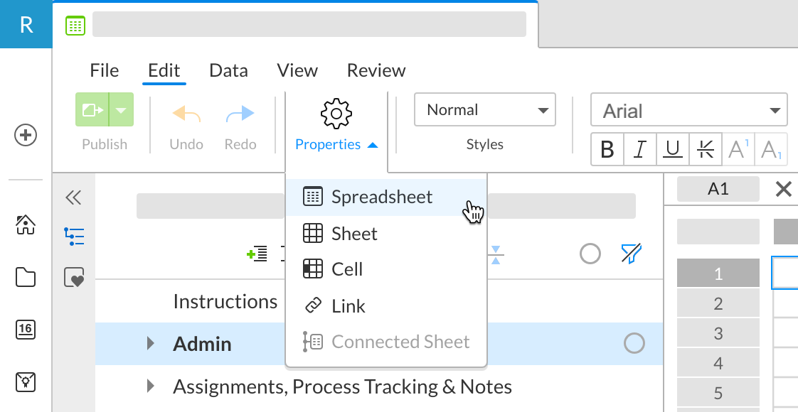 Spreadsheet properties