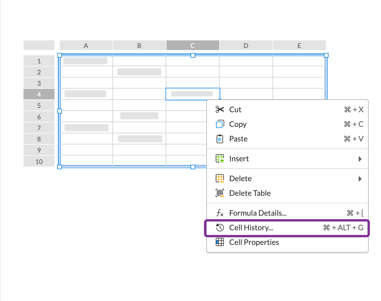 select cell history in the right click menu