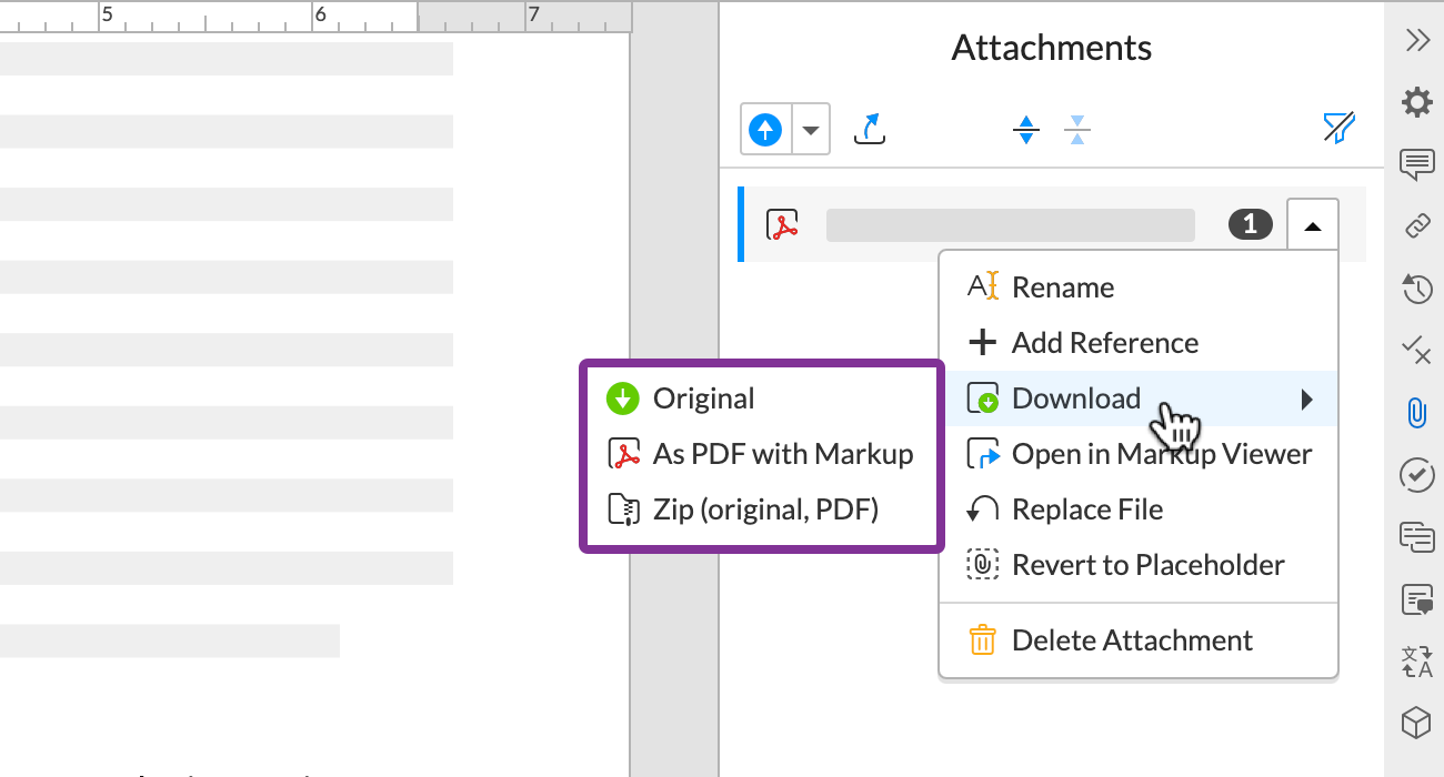 select an export option from the attachments panel