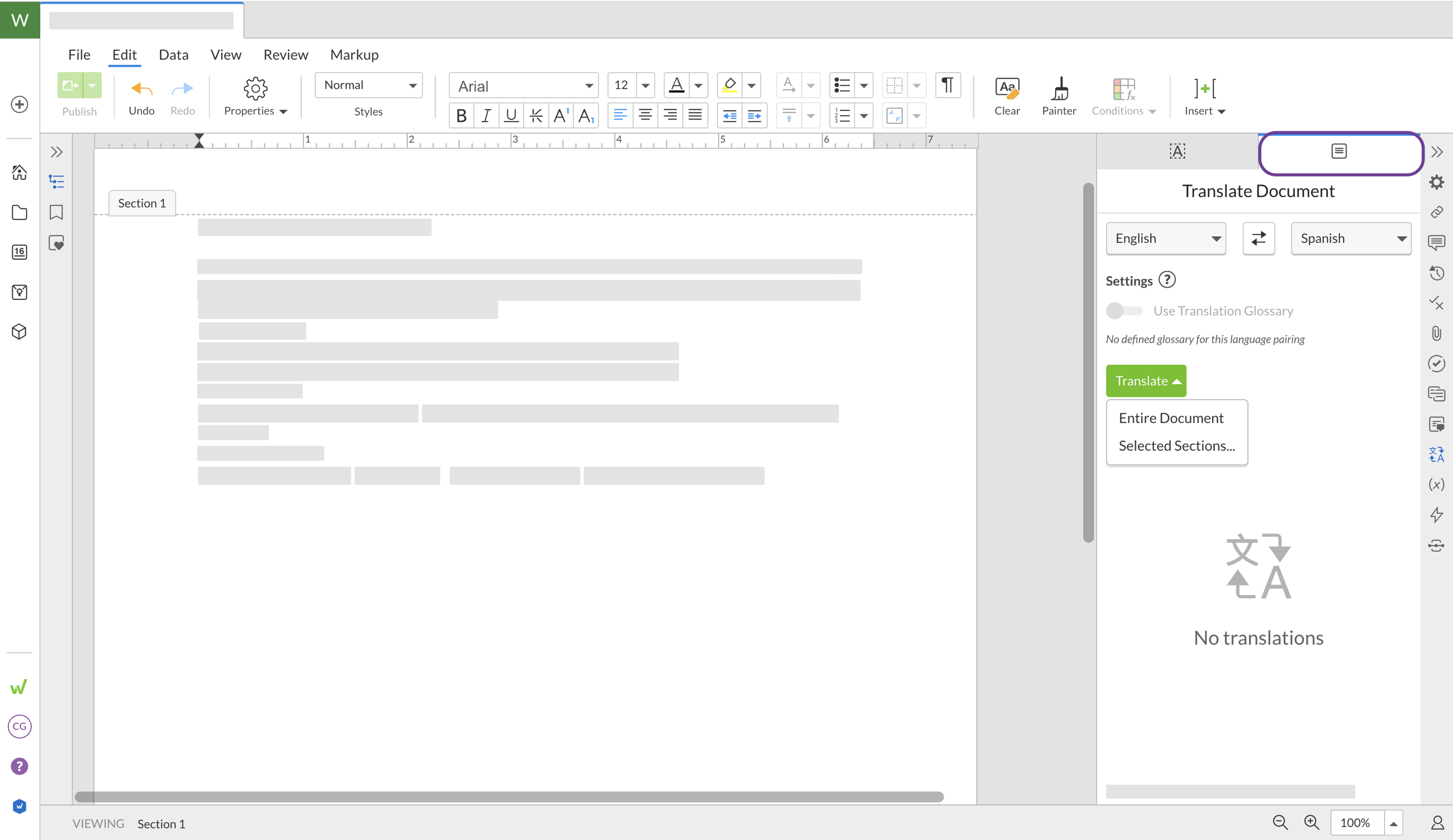 Open the Translate Document tab