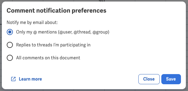 Email comment notification preferences