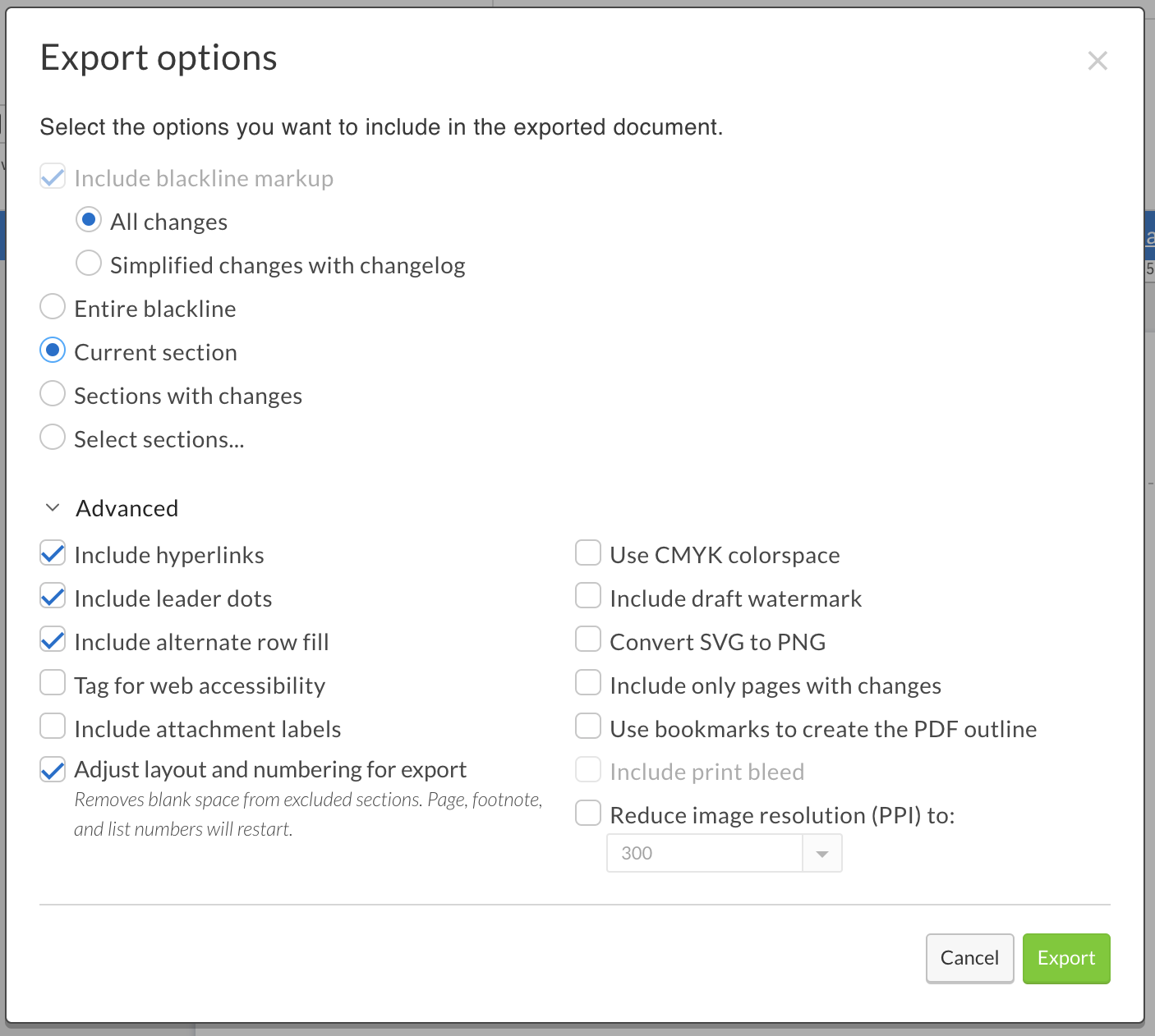 Advanced export options