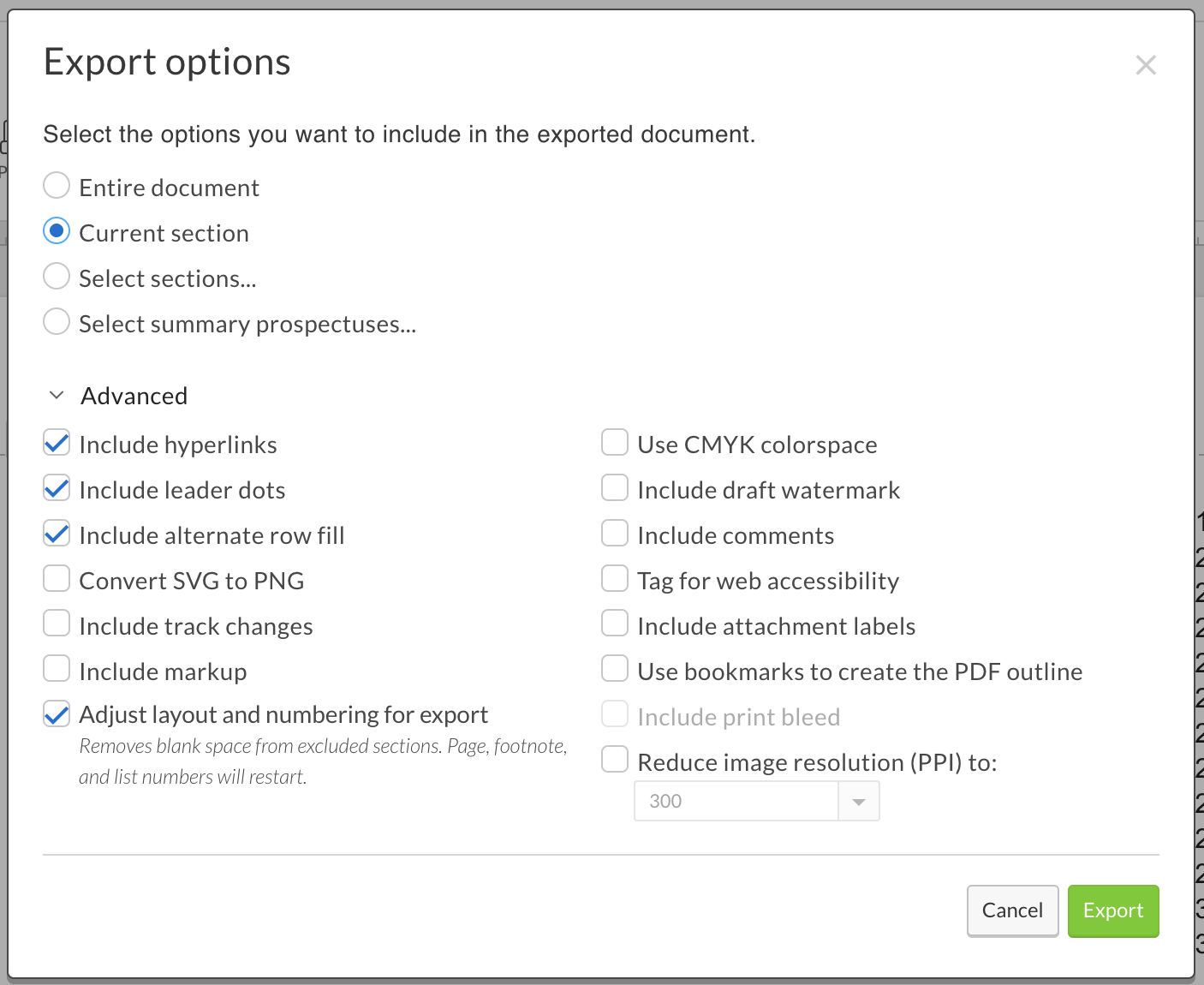 Export PDF advanced options