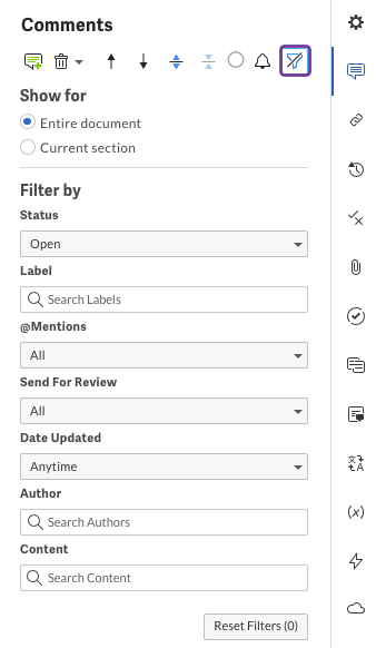 Painel de filtro de comentários com opções para filtrar
