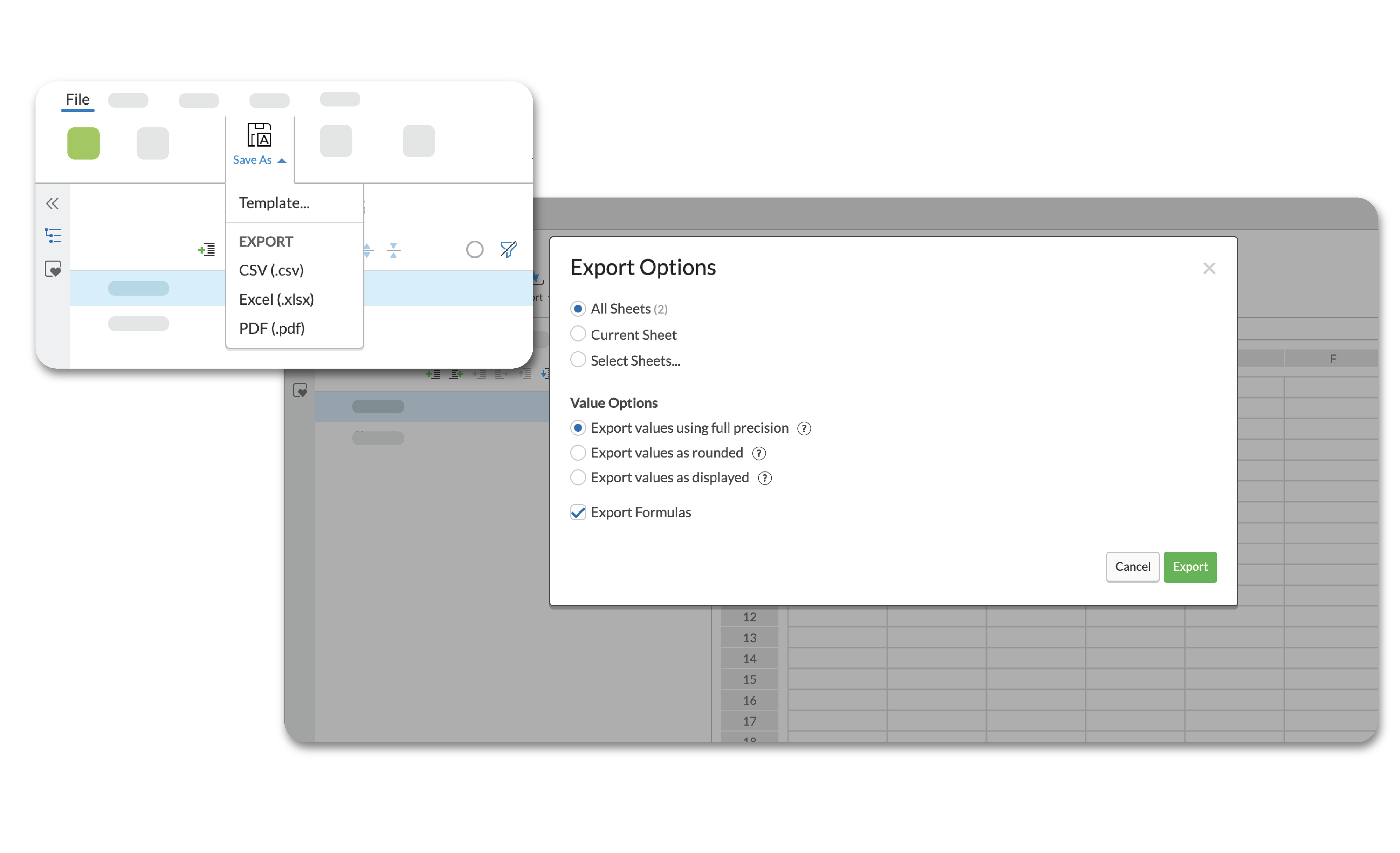 use the save as menu to export a spreadsheet to a selected file type to share outside workiva