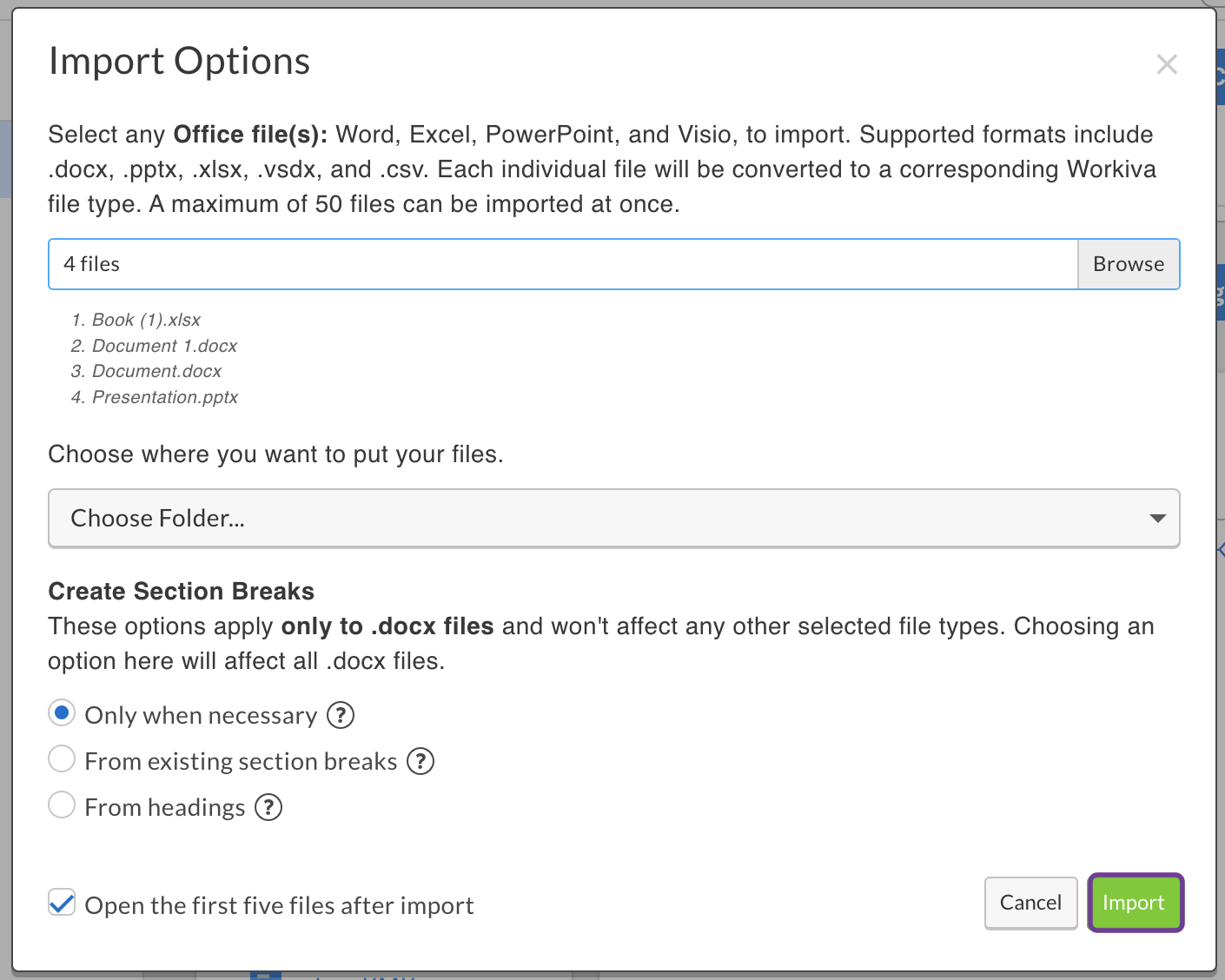 Import options for multiple Office files
