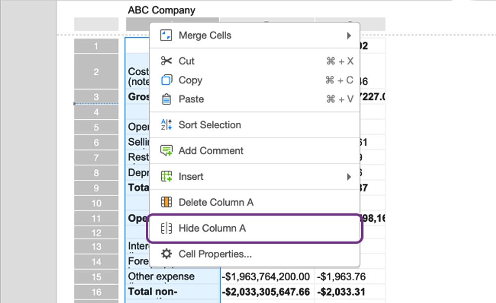 The row drop-down menu