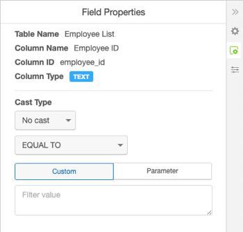 Field Properties panel for a query filter