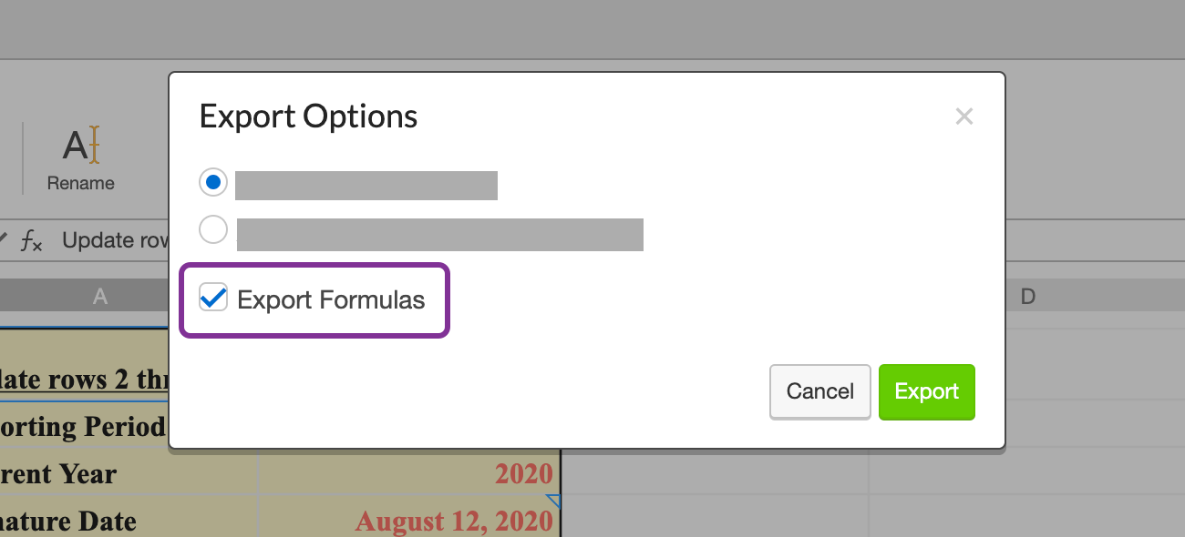 select to export formulas