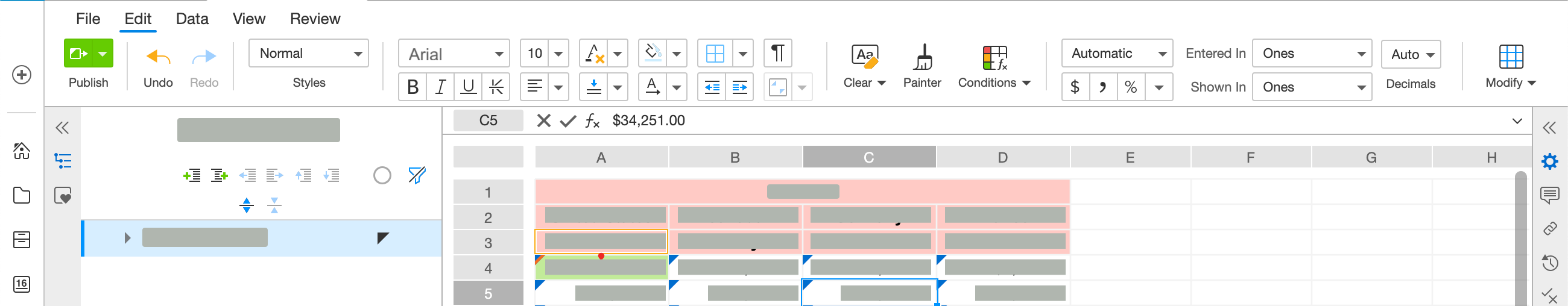 workign with the spreadsheeet edit toolbar