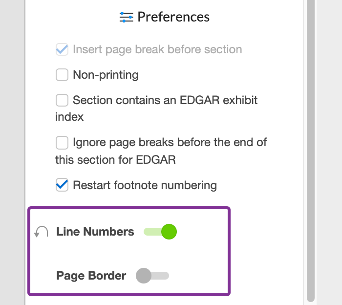 Section page borders and line numbering