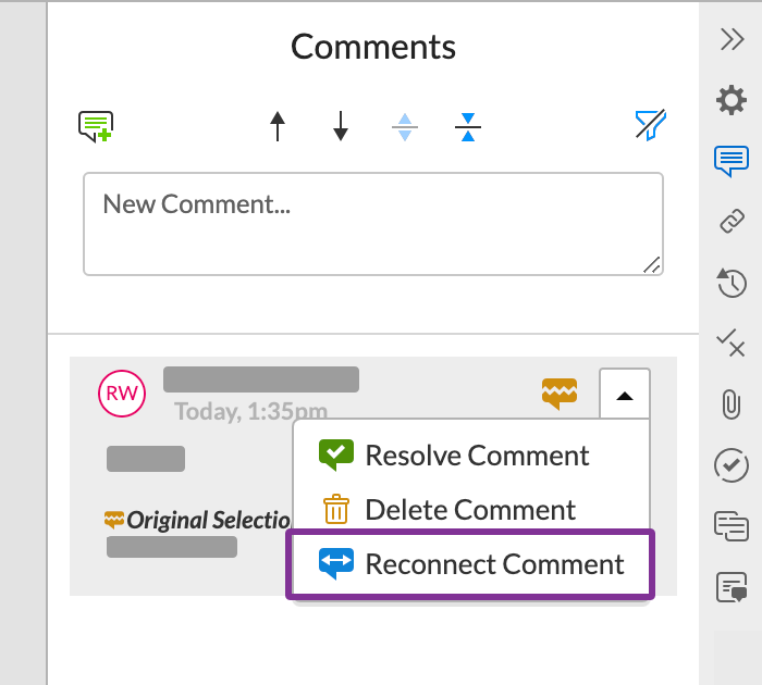 Reconnect comment in comments panel