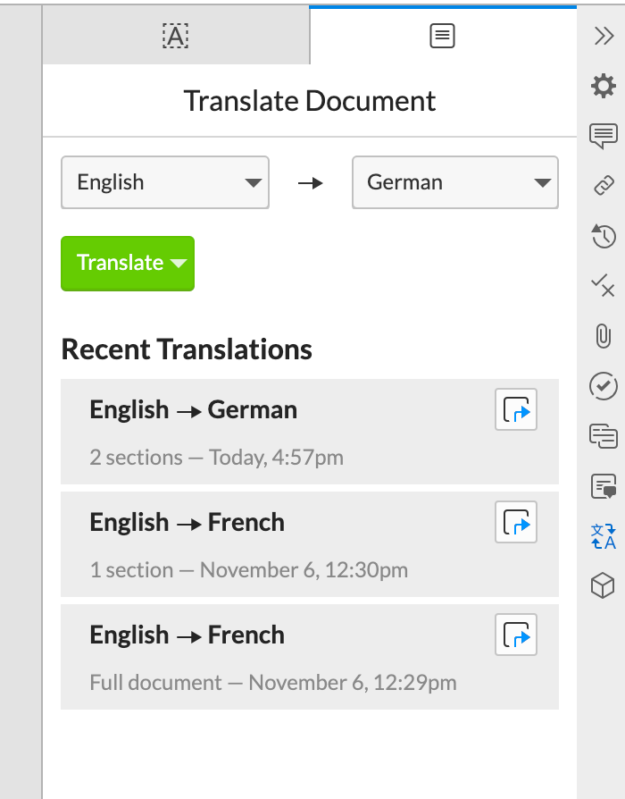 See previous translations in the Language Translation panel