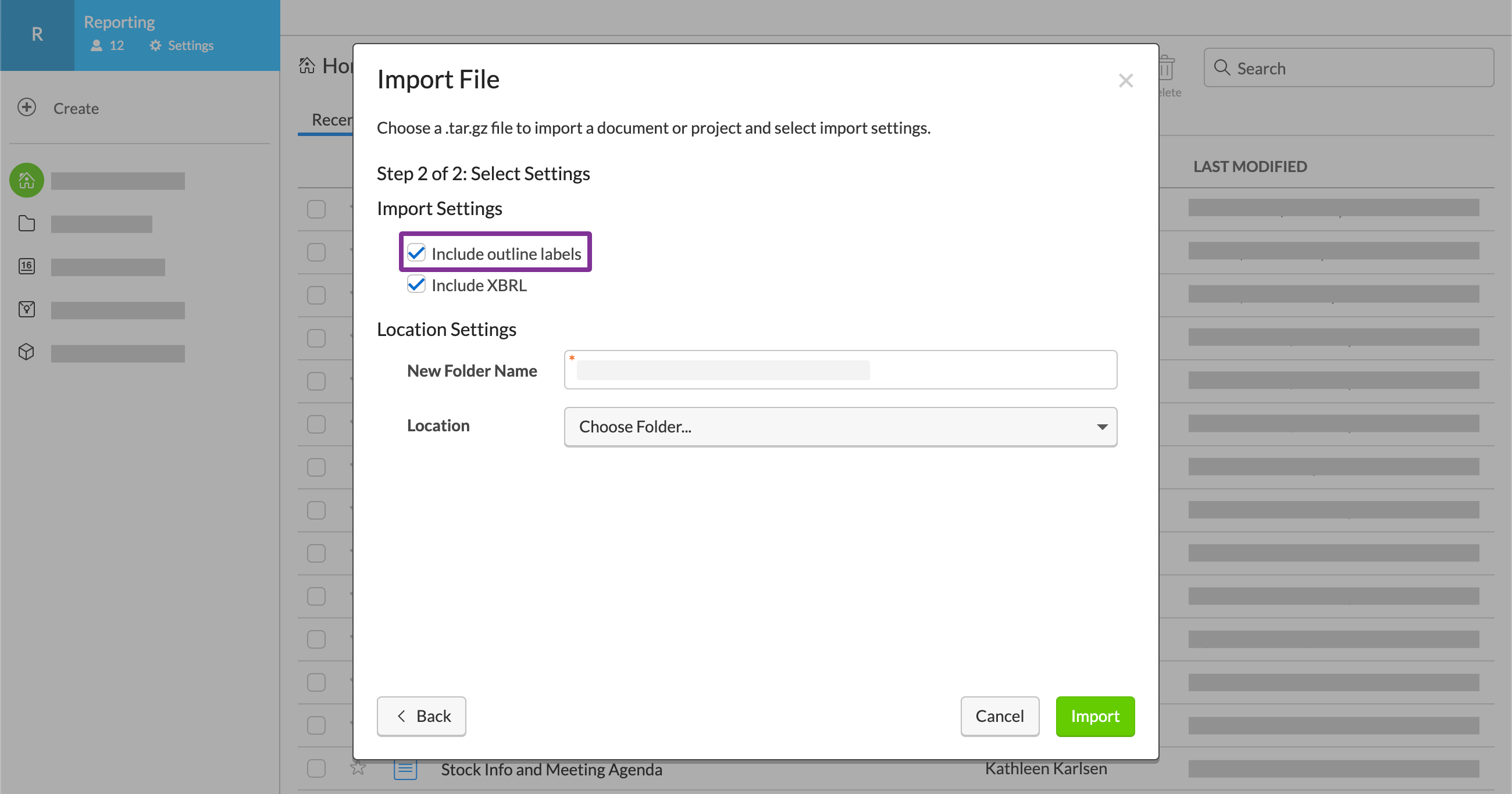 check the box to import previous workiva files and include outline labels