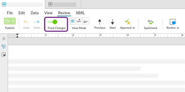 toggle track changes on from the review toolbar