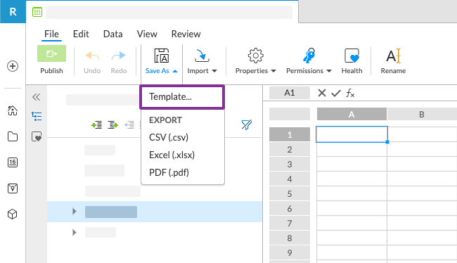 Select template from the export menu