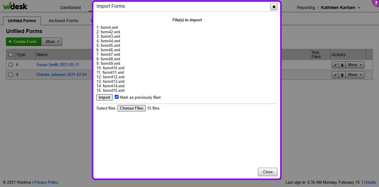 choose files to import into Sectioon 16