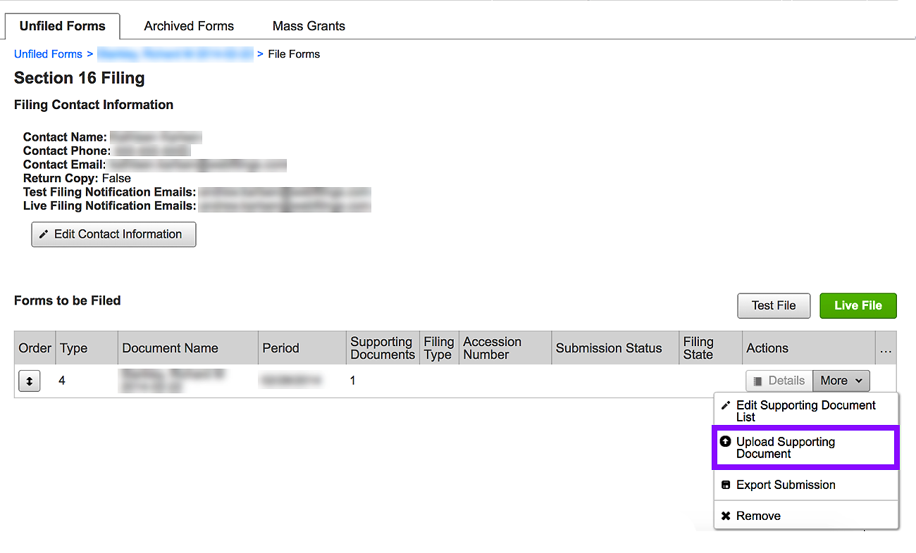 file forms interface in Section 16