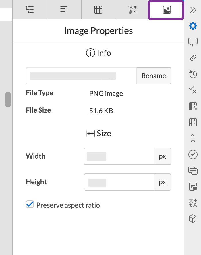 image properties in the right panel
