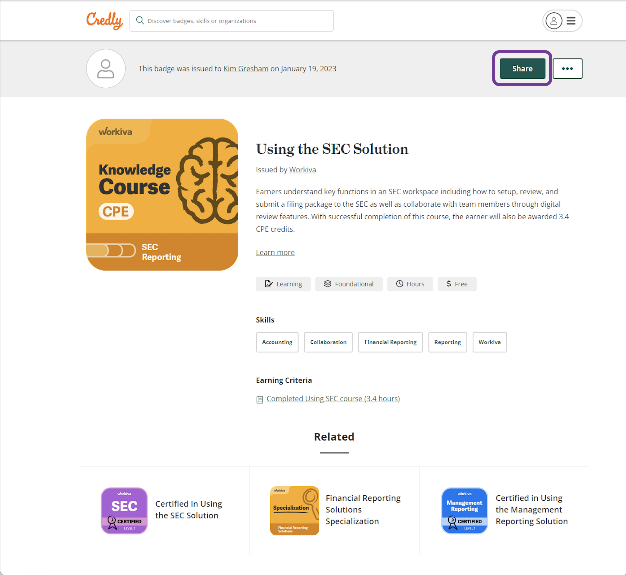 When you select a badge with a CPE icon a share button will appear