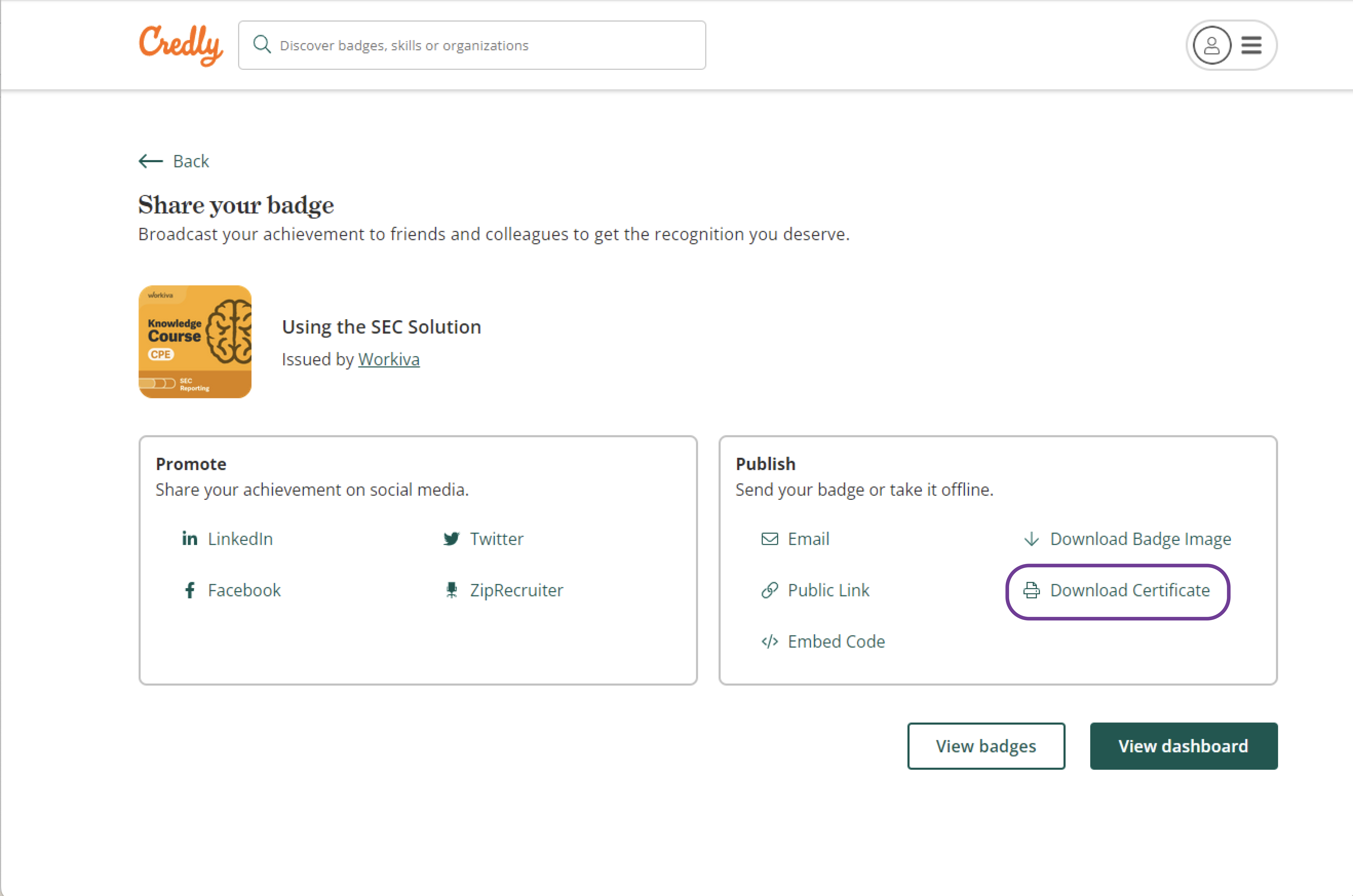 Clicking on the share button will give you the option to download your certificate