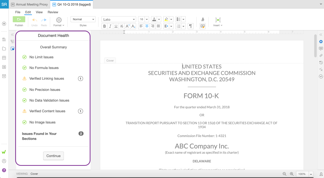 The Document Health panel