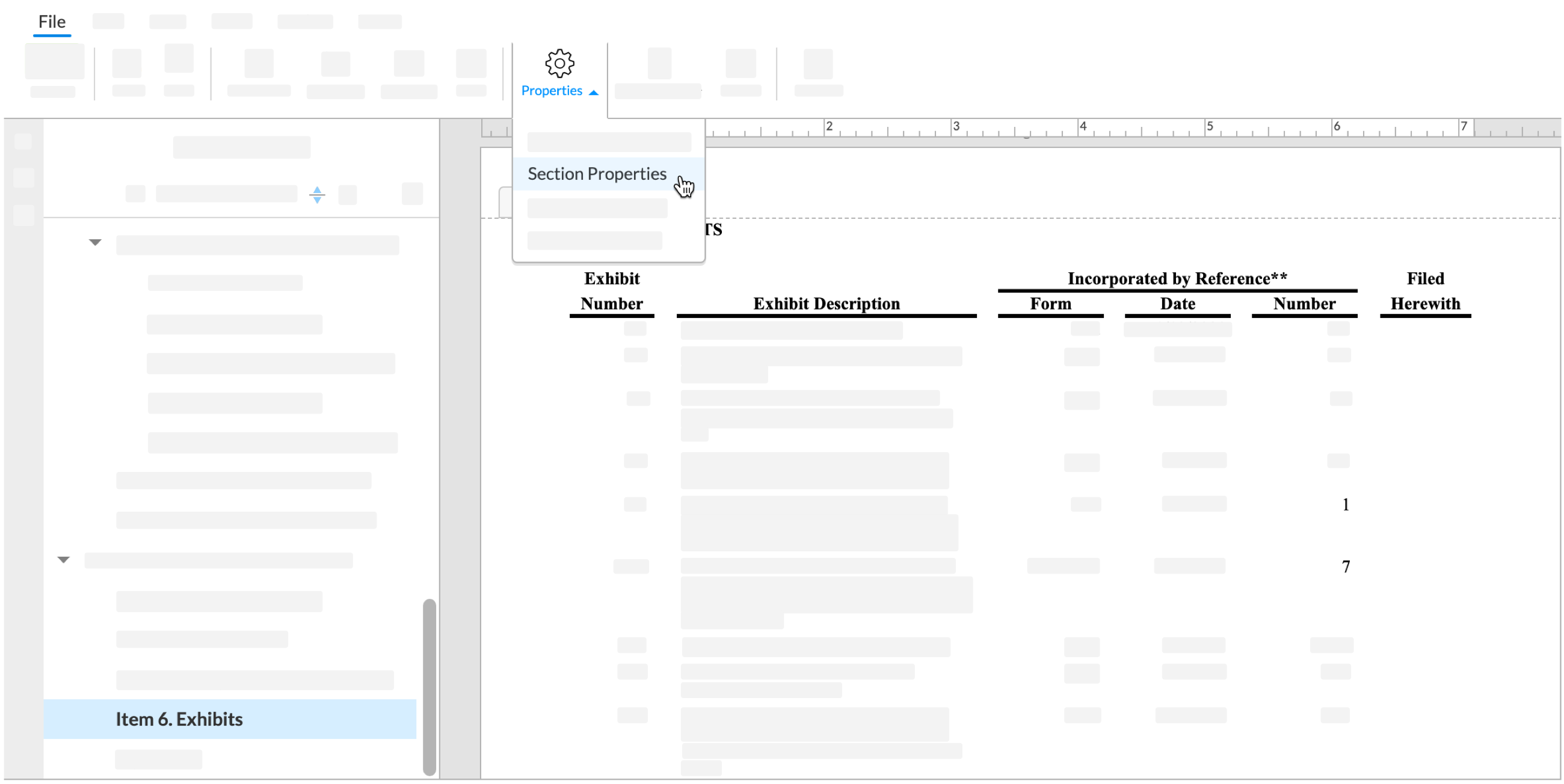 find the document section for your exhibit index