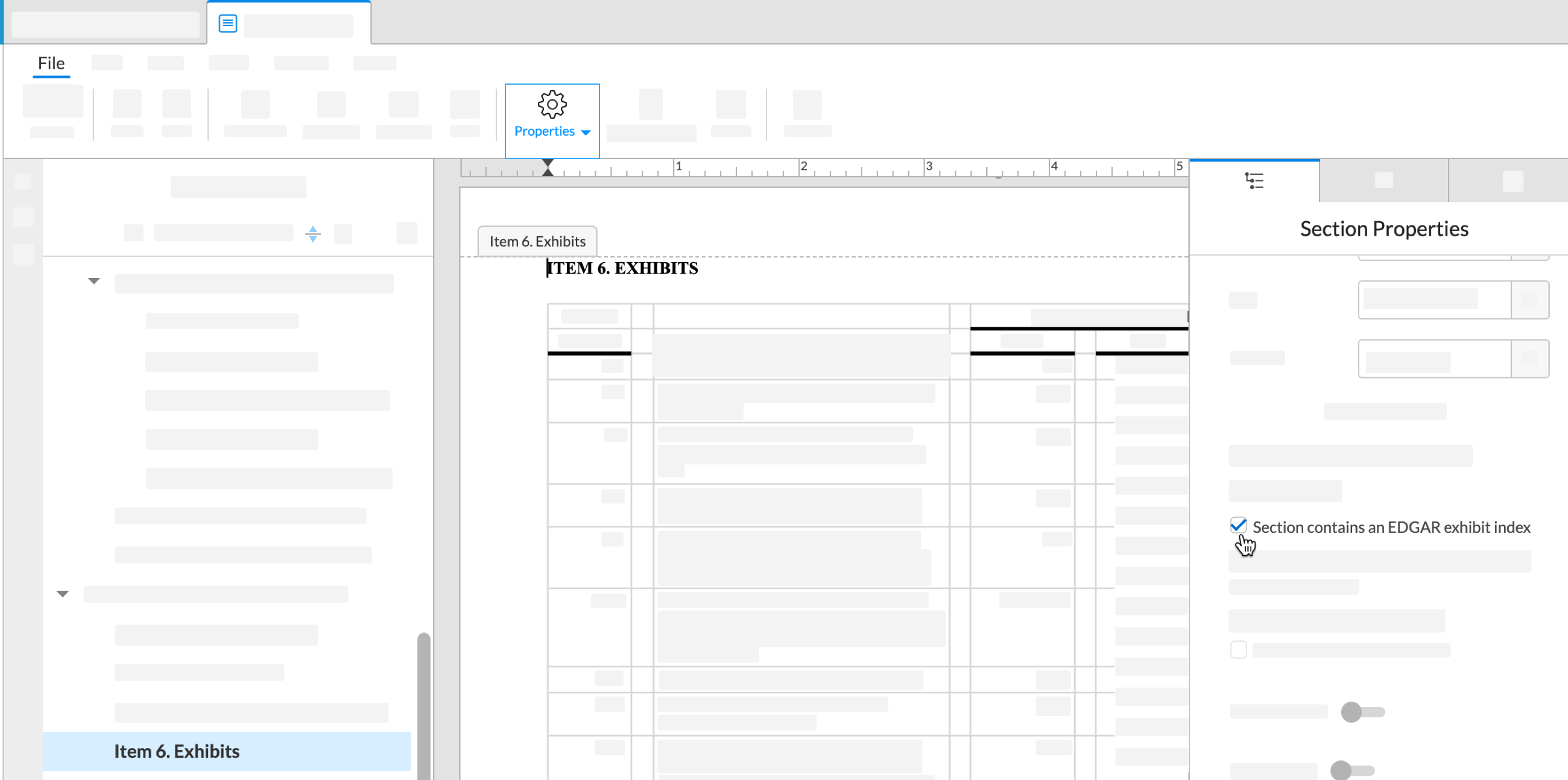 use section properties to link exhibits