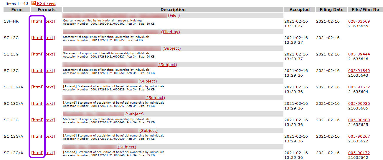 access files on the SEC website