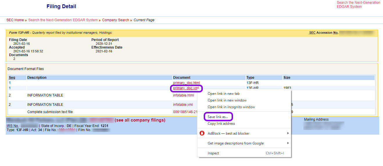 choose XML version of filed form