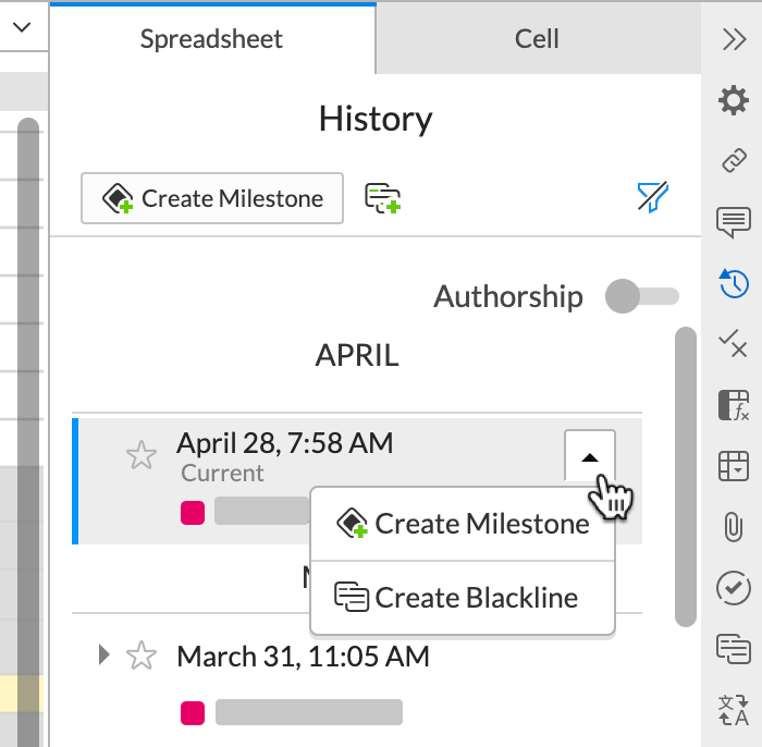 click the arrow to create a milestone or a blackline from the menu